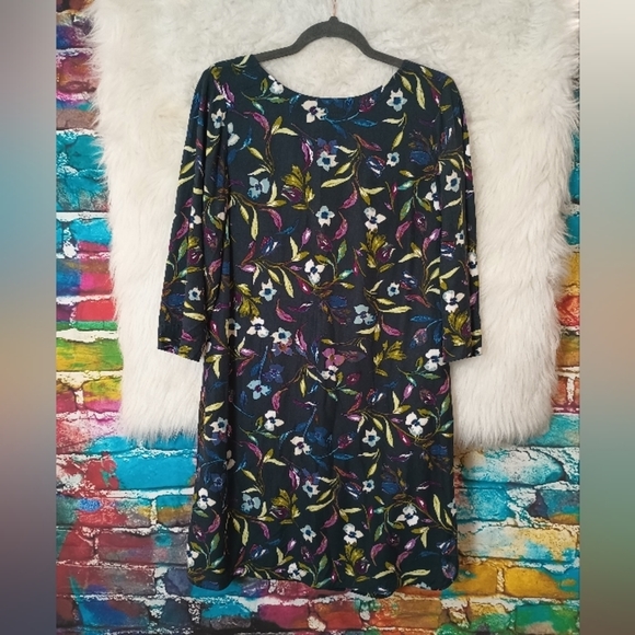 J Jill Navy Blue Floral 3/4 Sleeve Boat Neck Pullover Shift Dress Size M - Picture 8 of 11